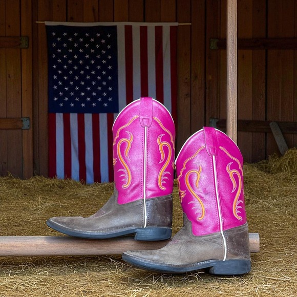 Old West Women Cowgirl Brown Stitched Pink Embroidered Leather Boots Western 7.5